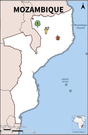 Map of Mozambique showing MDP operating areas in Niassa and Zambezia