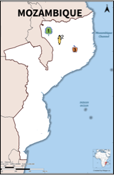 Map of Mozambique showing MDP project areas in Niassa and Zambezia